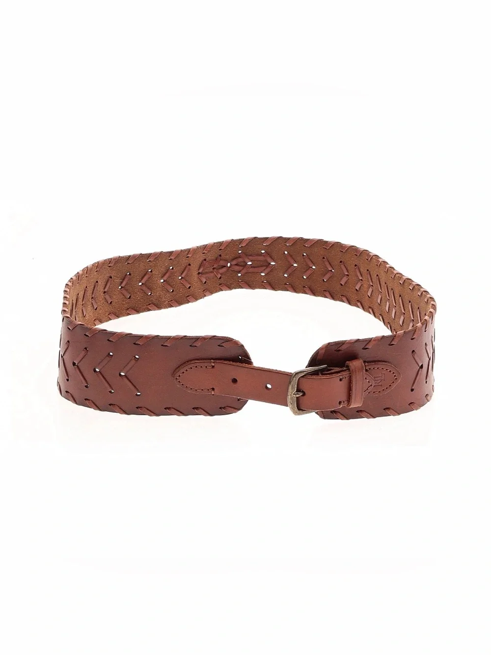 Ralph Lauren Brown Woven Leather Wide Belt Cognac Whipstitch Buckle Western Sz L